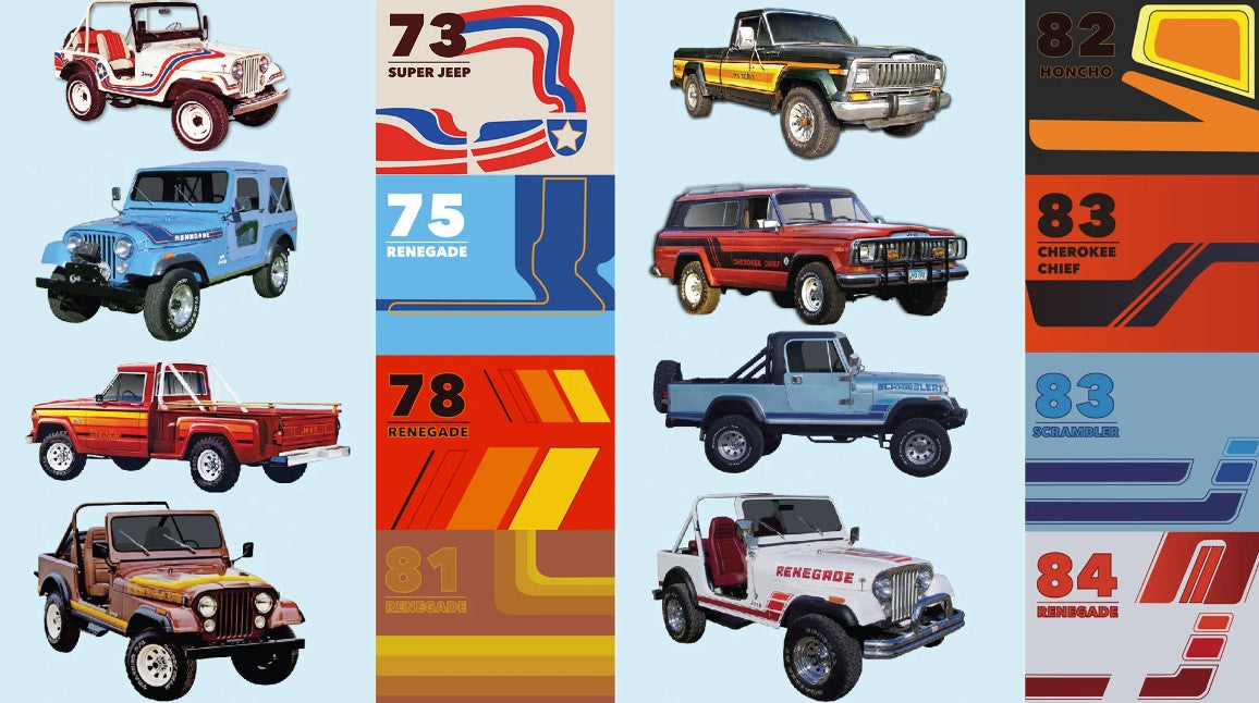 A collection of vintage Jeeps with there decals 