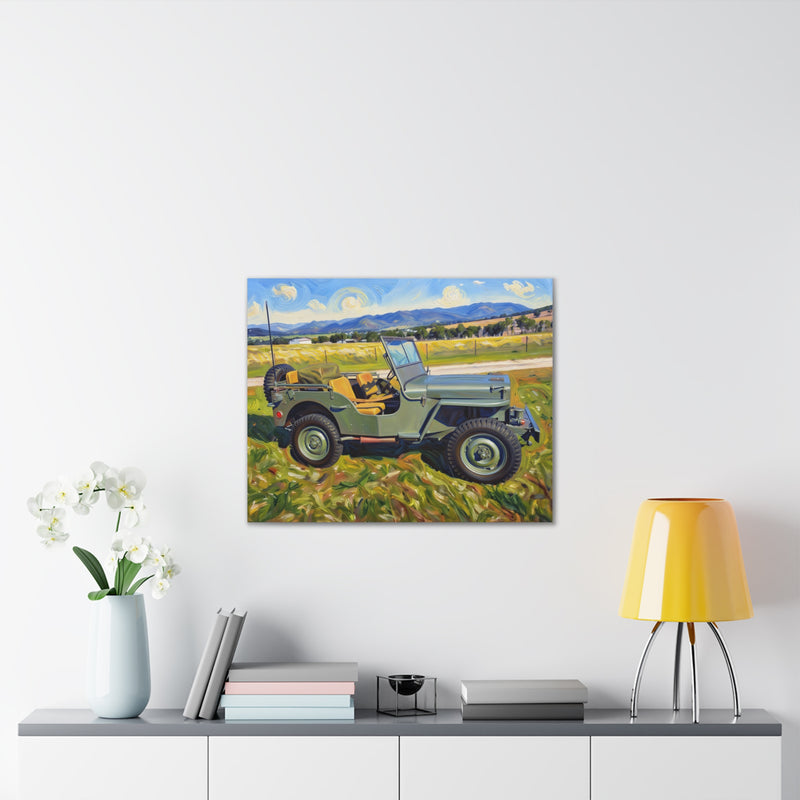 Vintage Military Jeep Canvas Wall Art — Retro Off‑Road Landscape Print