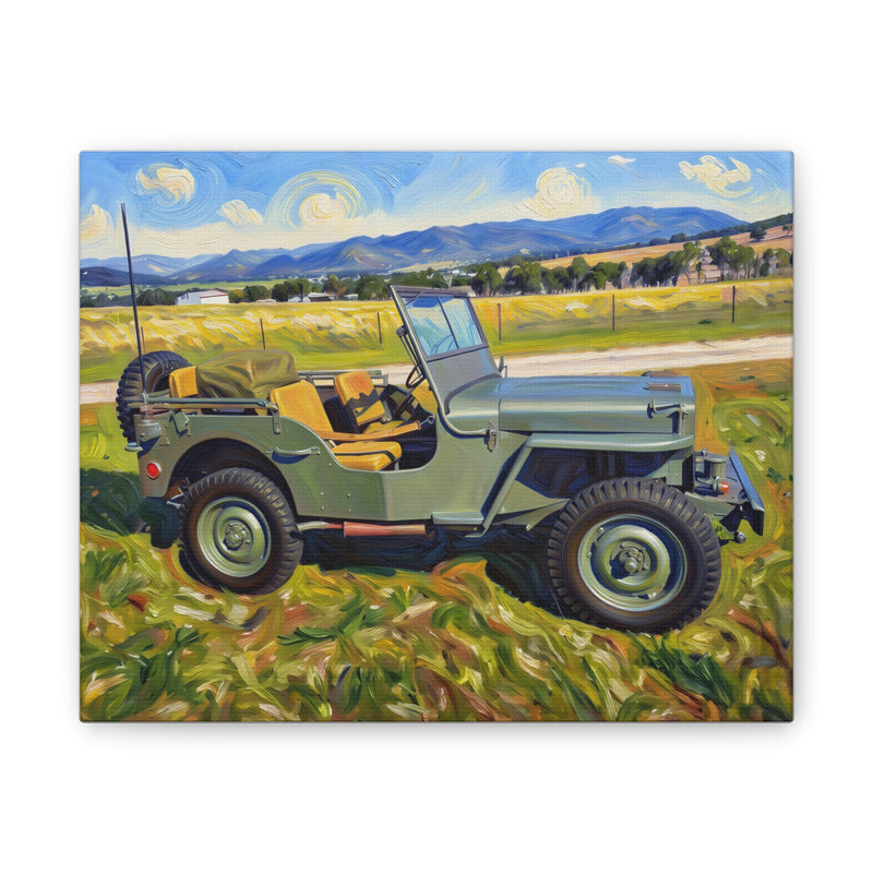 Vintage Military Jeep Canvas Wall Art — Retro Off‑Road Landscape Print