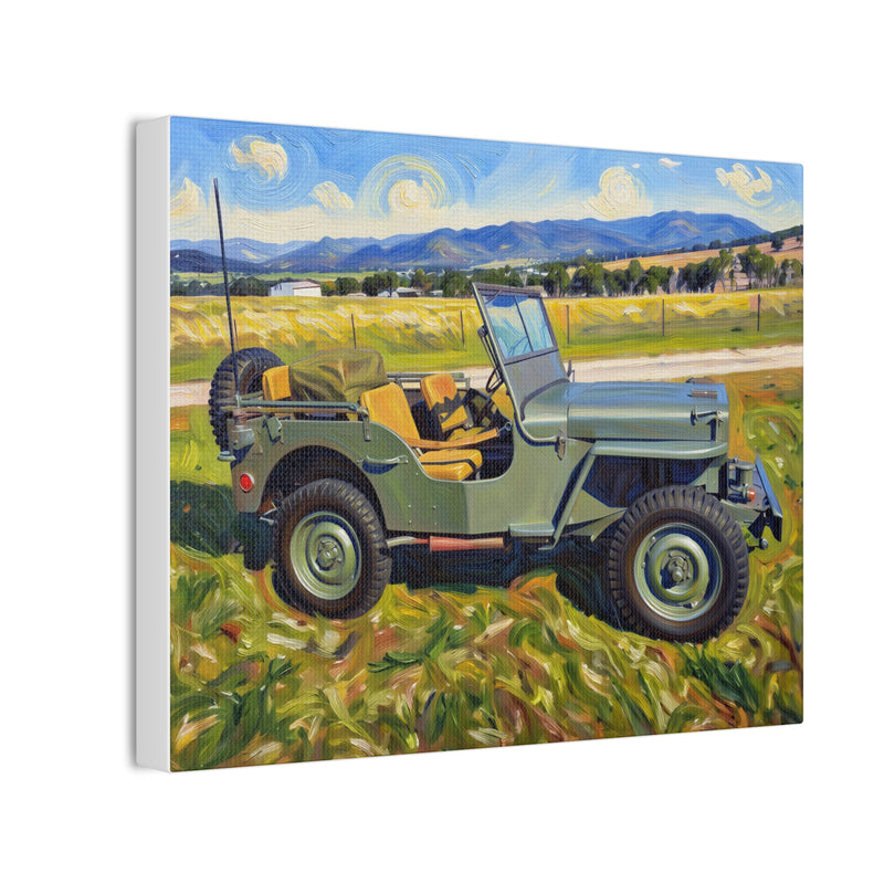 Vintage Military Jeep Canvas Wall Art — Retro Off‑Road Landscape Print