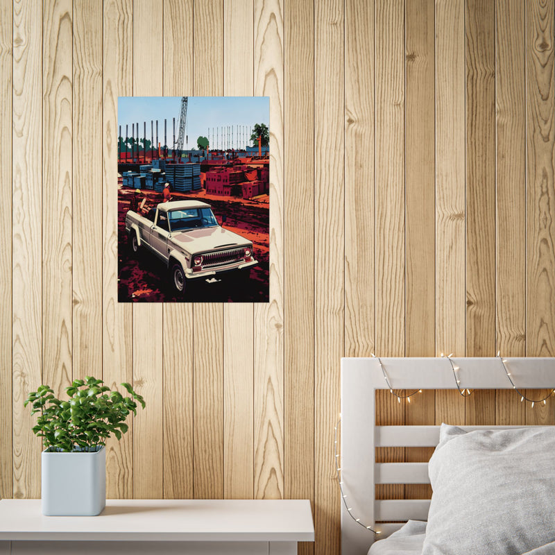Vintage Pickup Truck Poster — Retro Construction Scene Unframed Art Print