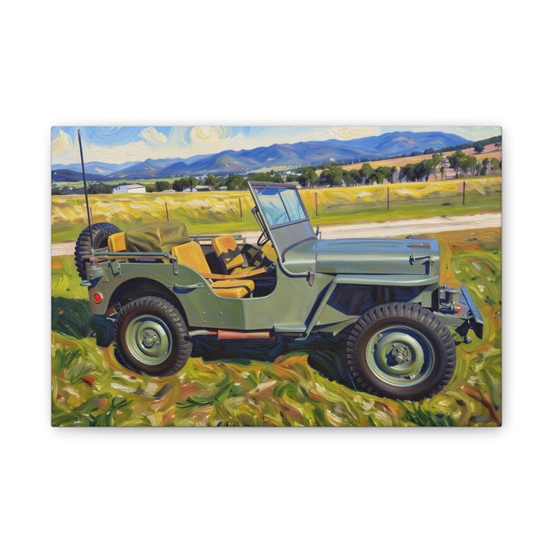 Vintage Military Jeep Canvas Wall Art — Retro Off‑Road Landscape Print