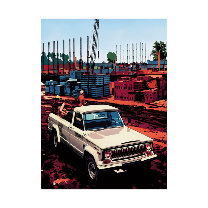 Vintage Pickup Truck Poster — Retro Construction Scene Unframed Art Print