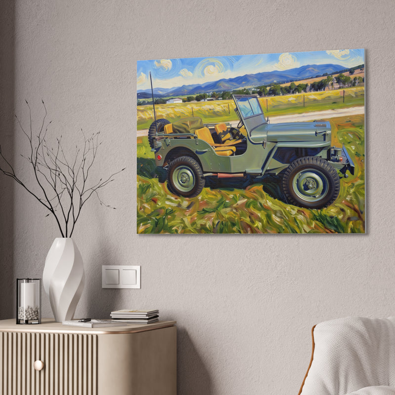 Vintage Military Jeep Canvas Wall Art — Retro Off‑Road Landscape Print