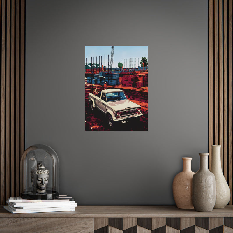 Vintage Pickup Truck Poster — Retro Construction Scene Unframed Art Print