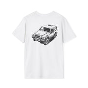 White t-shirt with a black graphic of a car on a white background