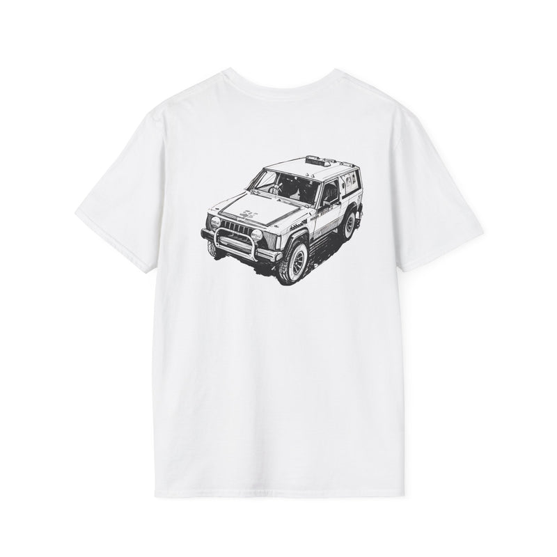 White t-shirt with a black graphic of a car on a white background