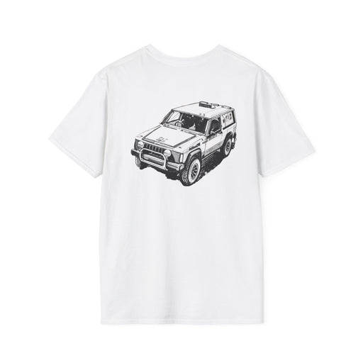 White t-shirt with a black graphic of a car on a white background