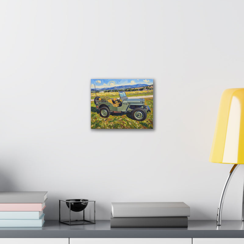 Vintage Military Jeep Canvas Wall Art — Retro Off‑Road Landscape Print