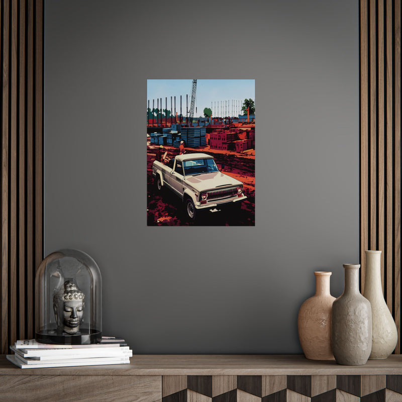 Vintage Pickup Truck Poster — Retro Construction Scene Unframed Art Print