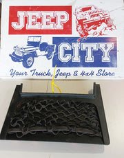 A black metal mesh grille insert for a vehicle bumper, displayed below a printed sign that reads 'JEEP CITY' with illustrations of classic Jeeps and the text 'Your Truck, Jeep & 4x4 Store'.