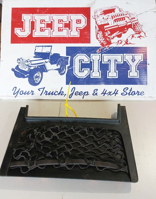A black metal mesh grille insert for a vehicle bumper, displayed below a printed sign that reads 'JEEP CITY' with illustrations of classic Jeeps and the text 'Your Truck, Jeep & 4x4 Store'.