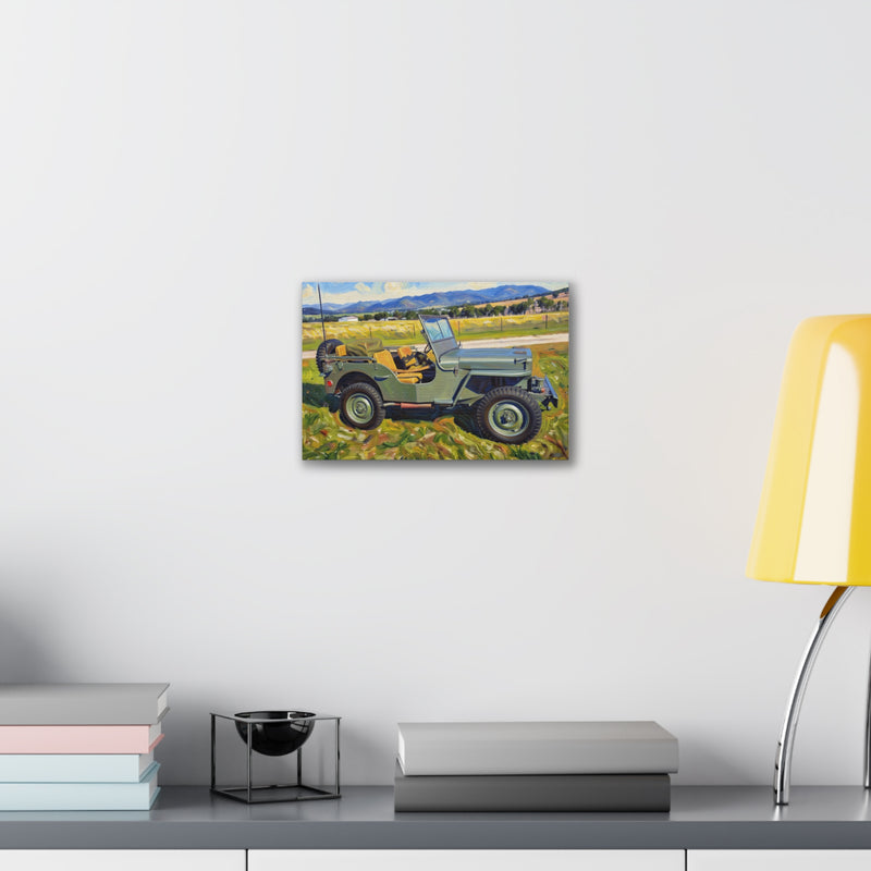 Vintage Military Jeep Canvas Wall Art — Retro Off‑Road Landscape Print