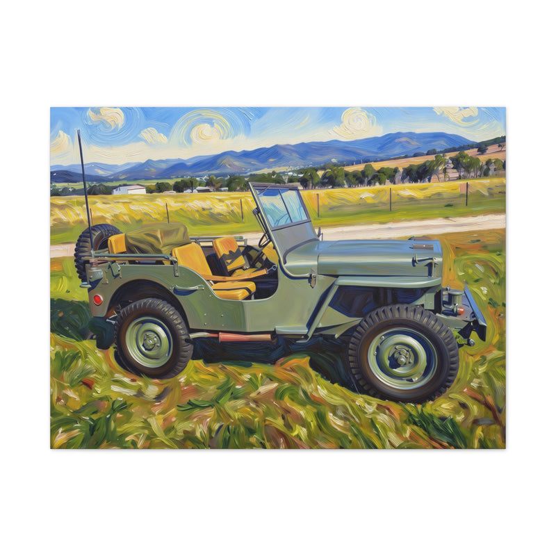 Vintage Military Jeep Canvas Wall Art — Retro Off‑Road Landscape Print