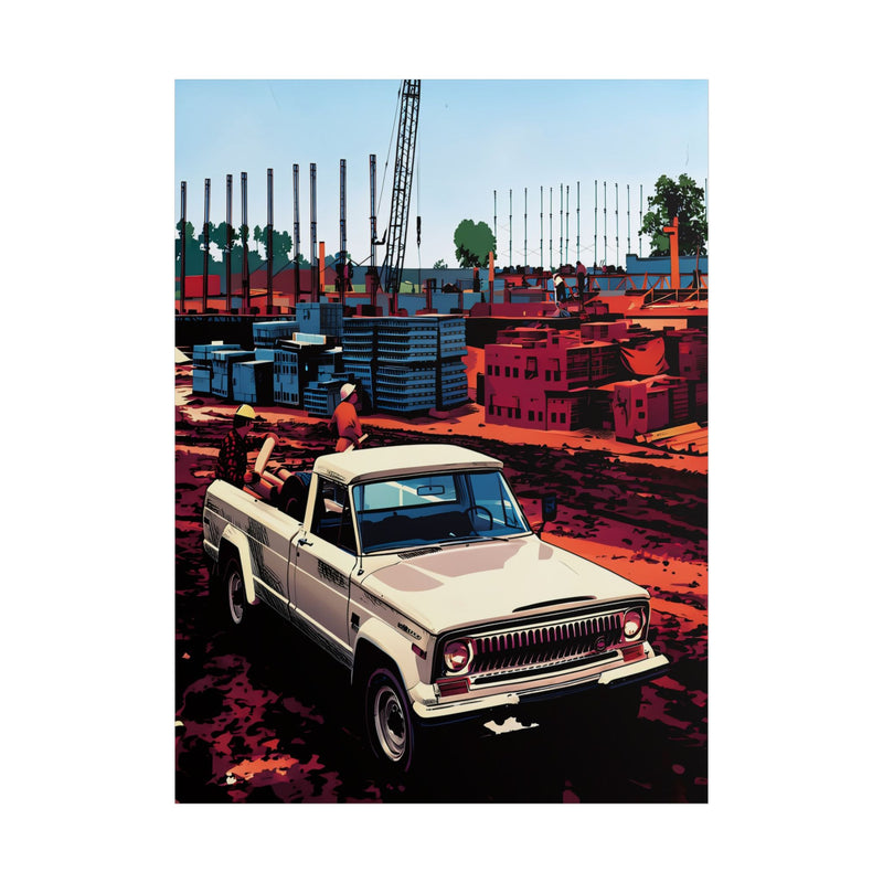 Vintage Pickup Truck Poster — Retro Construction Scene Unframed Art Print