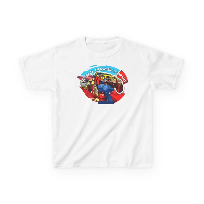 White t-shirt with a colorful graphic design on a white background