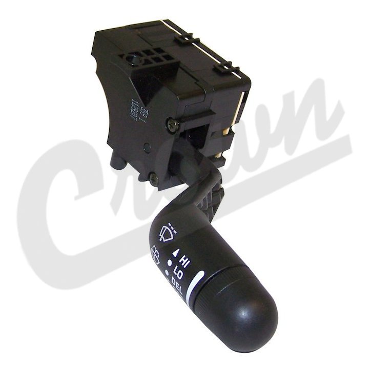 A black wiper switch intermittent for Jeep TJ XJ vehicles, featuring a stalk with a switch and wiring.
