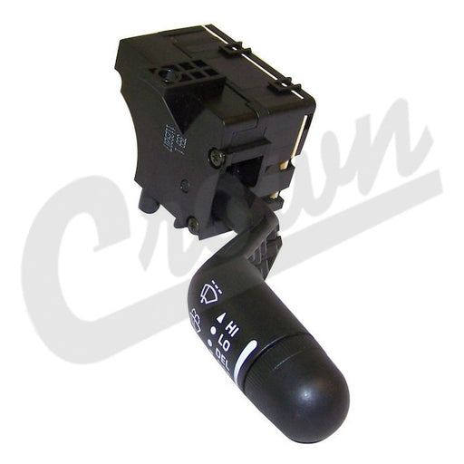 A black wiper switch intermittent for Jeep TJ XJ vehicles, featuring a stalk with a switch and wiring.