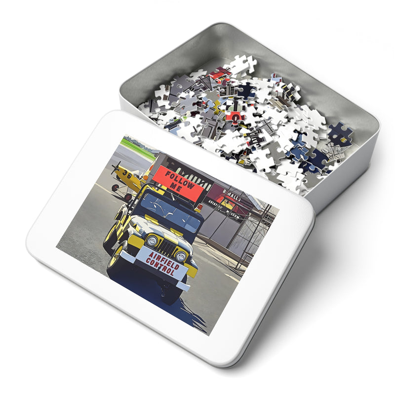 Puzzle Jeep CJ5 Airport Control -  252 Piece Jigsaw Puzzle with Tin