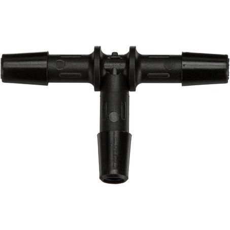 Black plastic T-shaped fitting on a white background