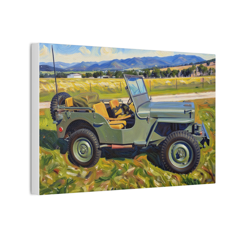 Vintage Military Jeep Canvas Wall Art — Retro Off‑Road Landscape Print