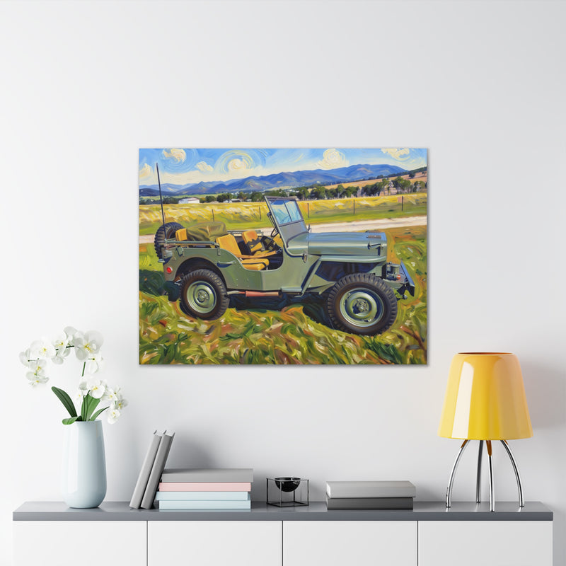 Vintage Military Jeep Canvas Wall Art — Retro Off‑Road Landscape Print
