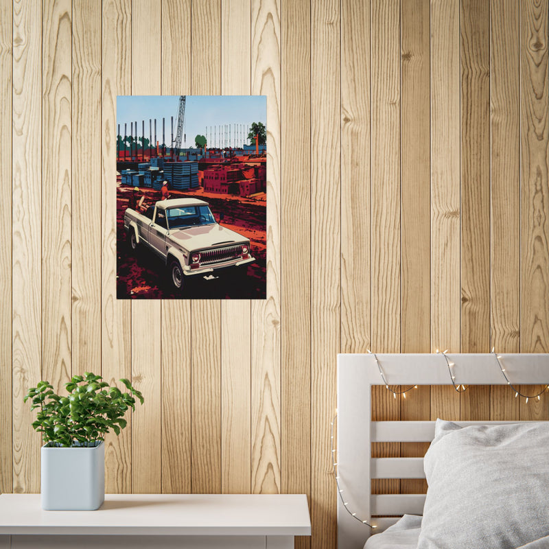 Vintage Pickup Truck Poster — Retro Construction Scene Unframed Art Print