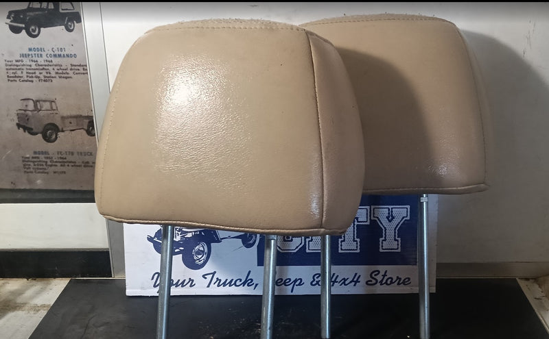 A pair of beige vinyl truck cab backrest headrests mounted on chrome metal stands, displayed in front of a store sign.