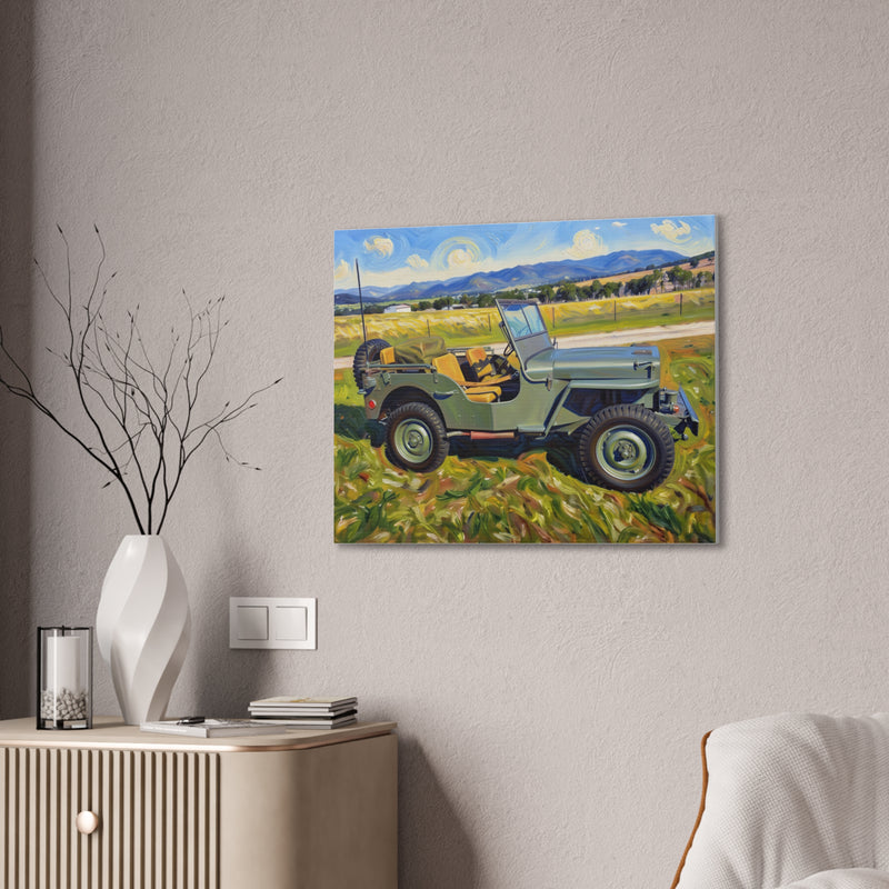 Vintage Military Jeep Canvas Wall Art — Retro Off‑Road Landscape Print