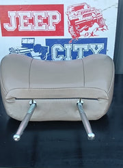A beige leatherette Jeep seat headrest with two silver metal mounting bolts, displayed against a white background Jeep City graphic.