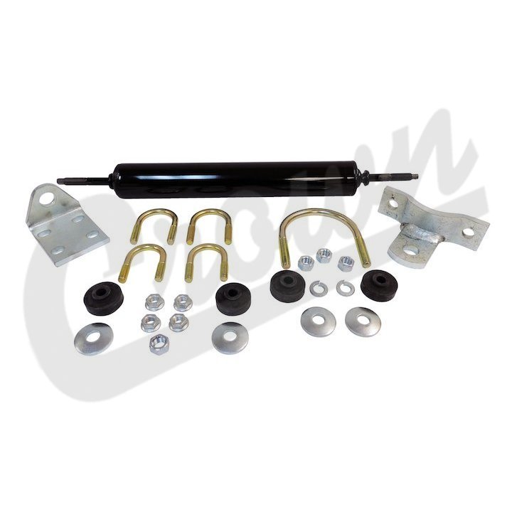 Automotive suspension components including a shock absorber, springs, and metal brackets on a white background.
