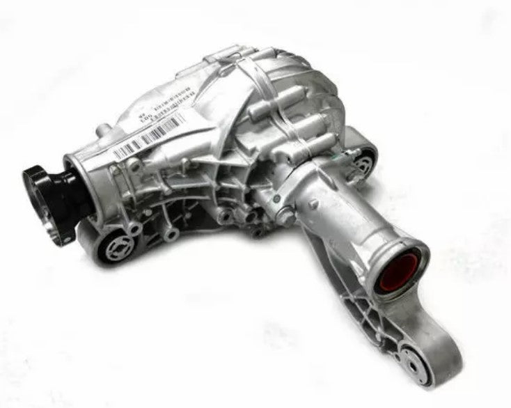 A silver aluminum automotive differential housing with a black splined input shaft and a red interior visible at the output flange, photographed on a white background.