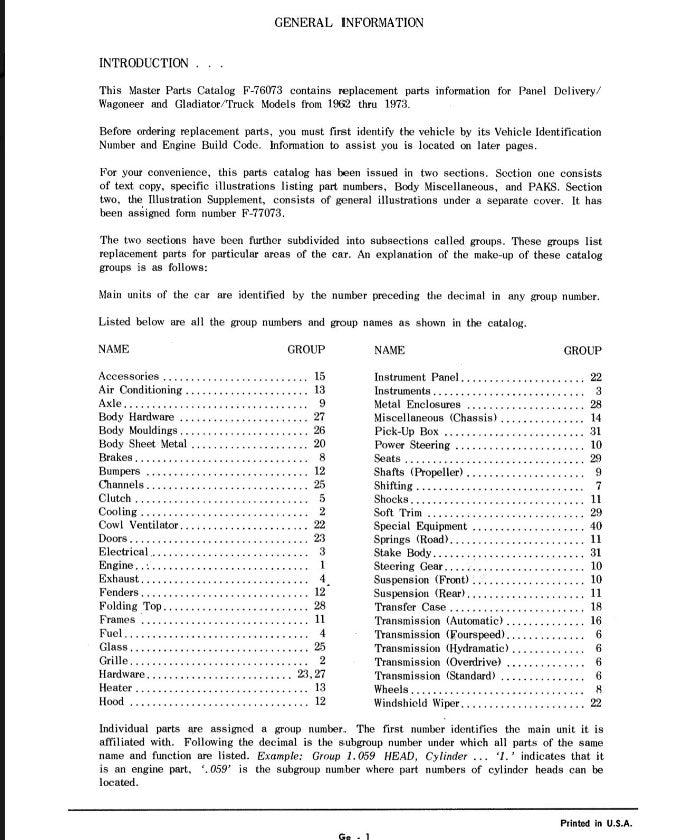 Manual Parts 1962-1973 Catalog Jeep J Series Gladiator Wagoneer F-76073R 3