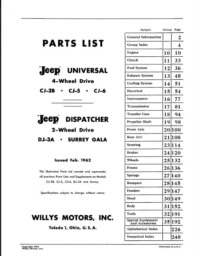 Manual Parts 1953-1961 Catalog Jeep CJ DJ Parts List W-1103