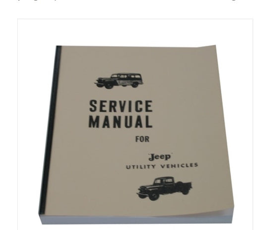 A service manual book for Jeep utility vehicles, featuring a beige cover with black text and vintage vehicle illustrations.