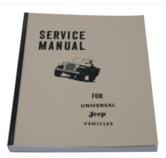 A service manual book for Universal Jeep vehicles, featuring a beige cover with a black illustration of a vintage jeep and black text, shown on a white background.