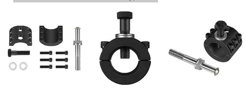 Black metal mounting hardware set including a clamp piece, mounting bracket, bolts, washers, and silver metal rods on a white background.