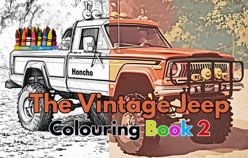 A coloring book cover featuring a partially colored vintage orange and white pickup truck with the text 'The Vintage Jeep Colouring Book 2' across the front.
