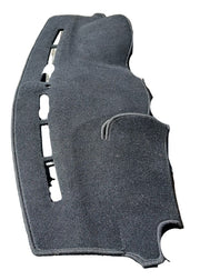 A dark gray carpeted automotive dashboard shield or trim panel with pre-cut openings, shown against a plain white background.