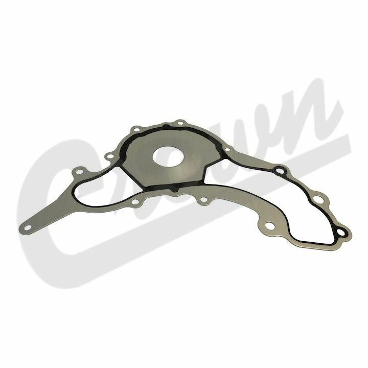 A metal water pump gasket for Jeep vehicles.